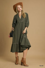 Olive V-Neck Contrast Trim 3/4 Sleeve Maternity Midi Dress