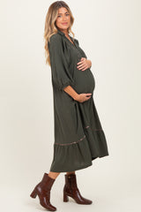 Olive V-Neck Contrast Trim 3/4 Sleeve Maternity Midi Dress