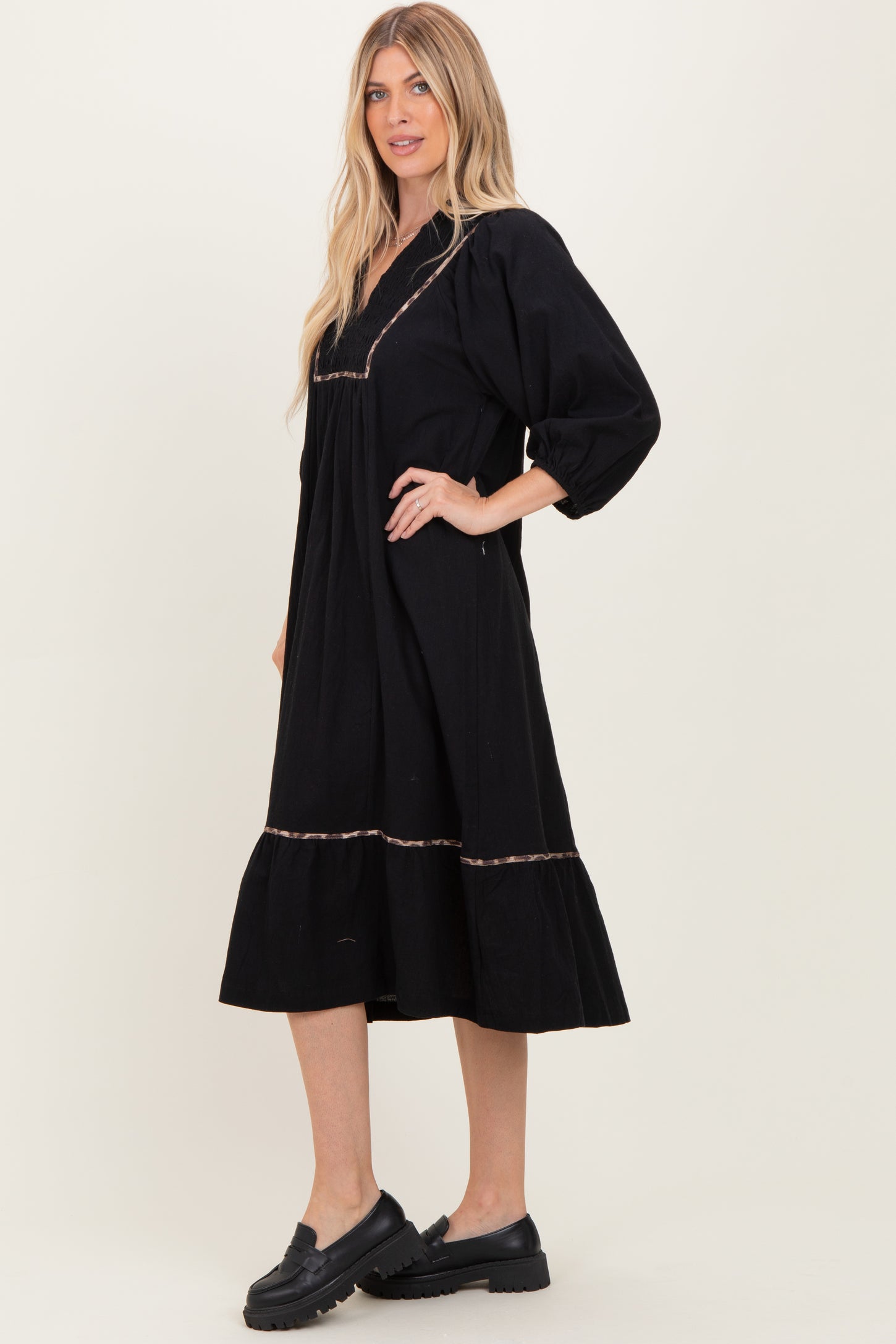 Black V-Neck Contrast Trim 3/4 Sleeve Midi Dress