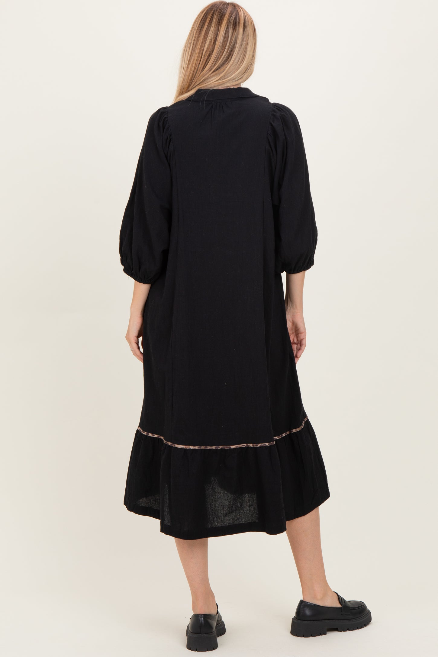 Black V-Neck Contrast Trim 3/4 Sleeve Midi Dress