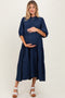Navy Textured Tiered Puff Sleeve Maternity Midi Dress