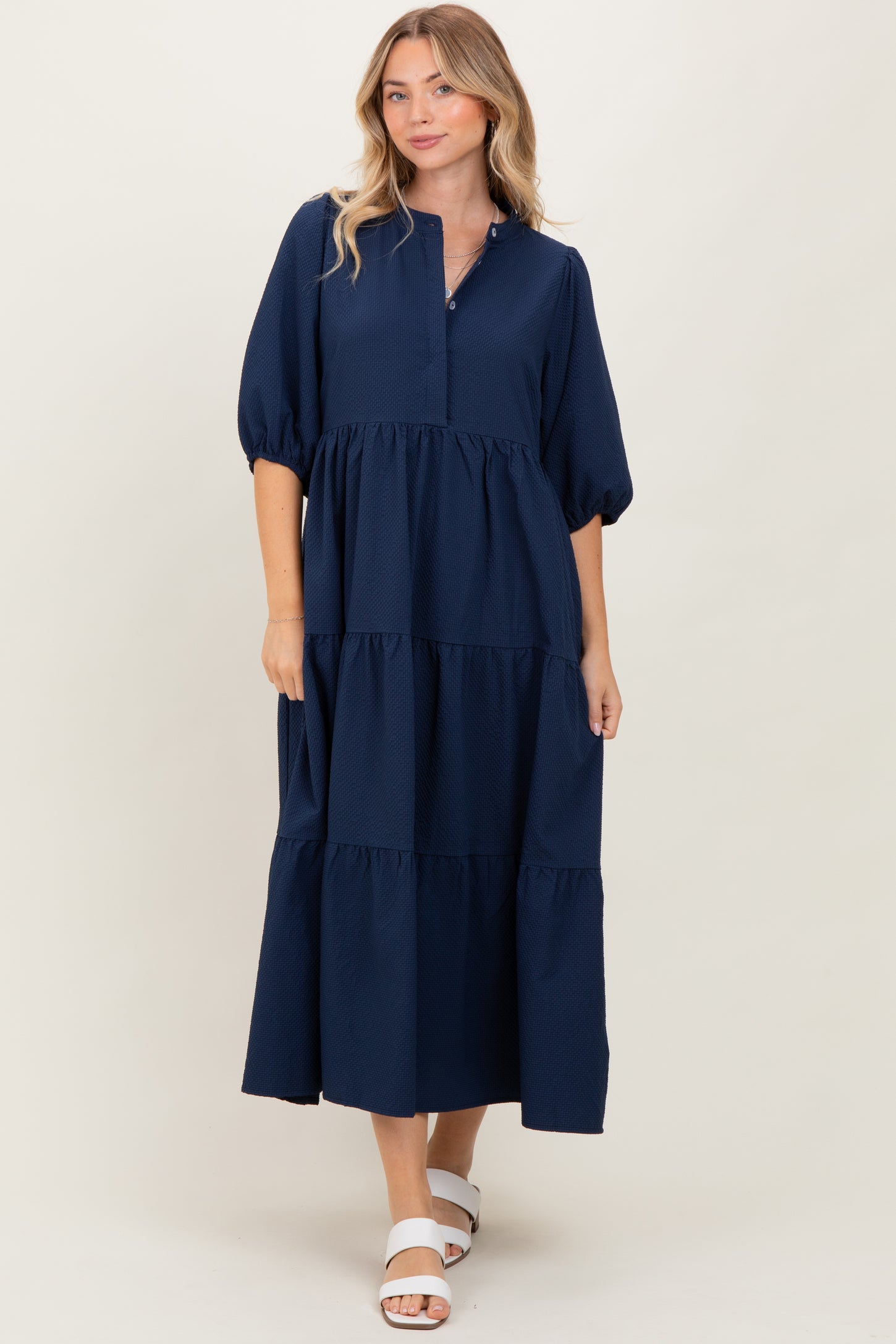 Navy Textured Tiered Puff Sleeve Maternity Midi Dress