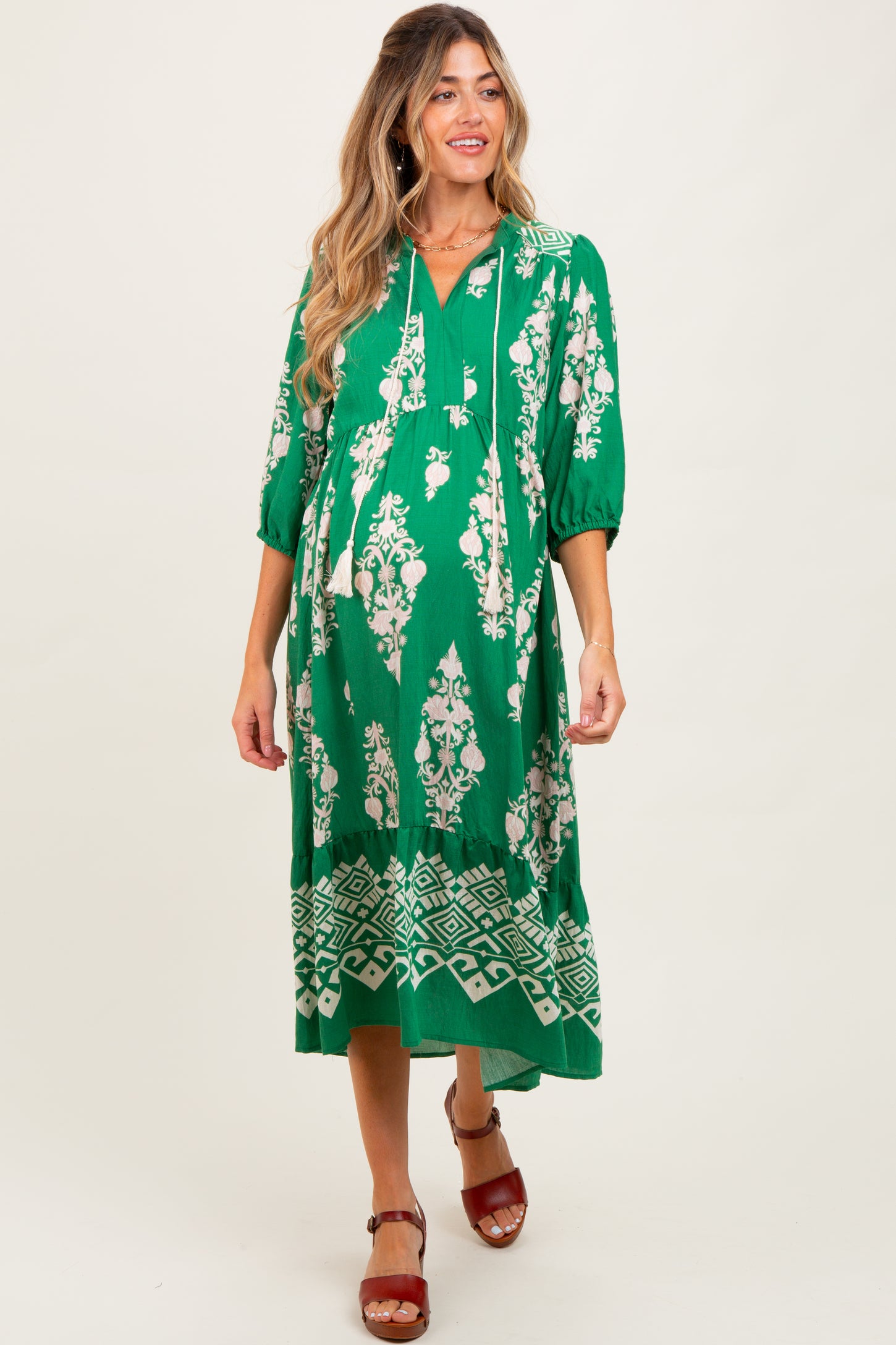 Green Damask Tassel Front Tie Tiered Maternity Midi Dress