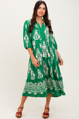 Green Damask Tassel Front Tie Tiered Maternity Midi Dress