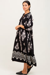 Black Damask Tassel Front Tie Tiered Midi Dress