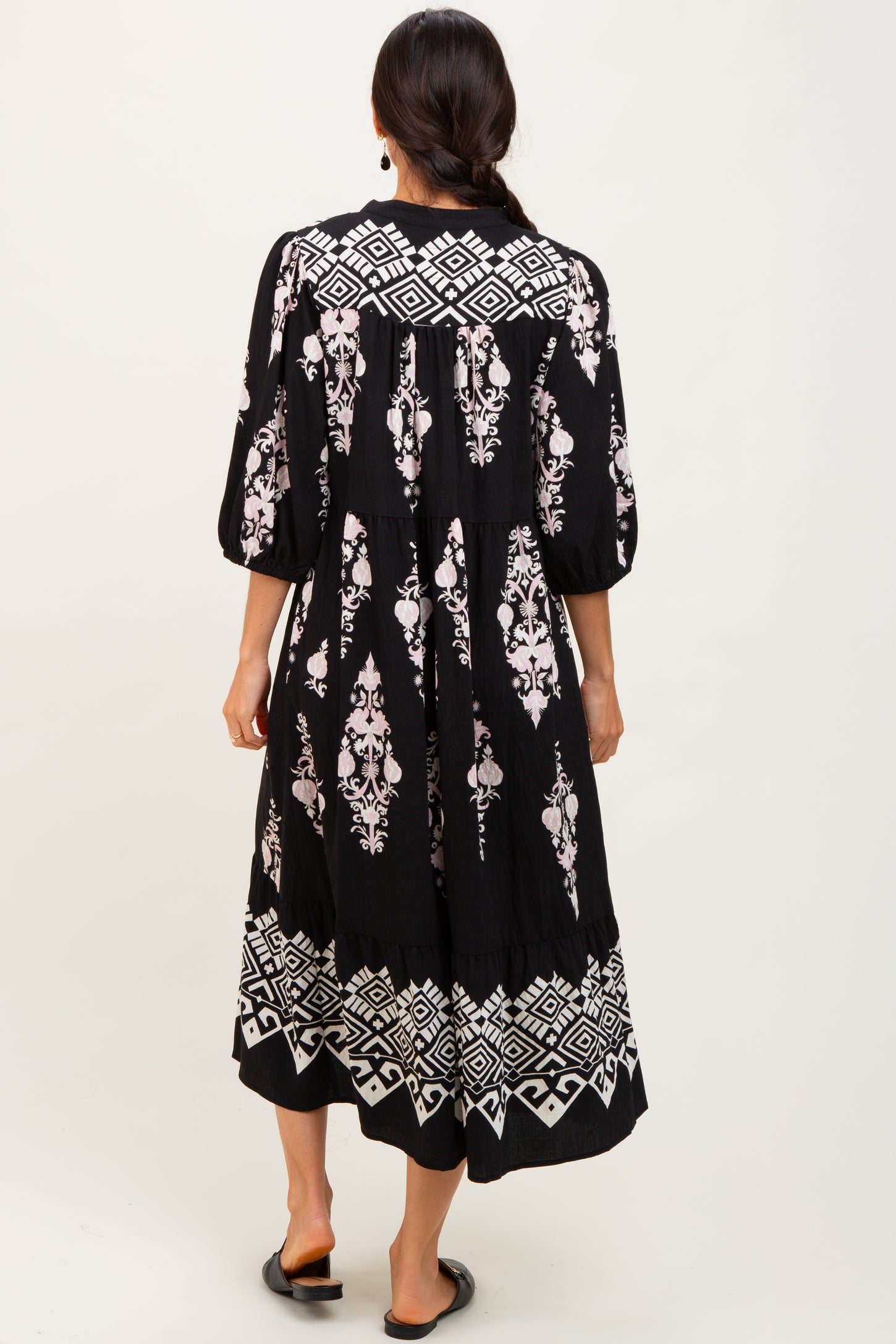 Black Damask Tassel Front Tie Tiered Midi Dress