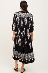 Black Damask Tassel Front Tie Tiered Midi Dress