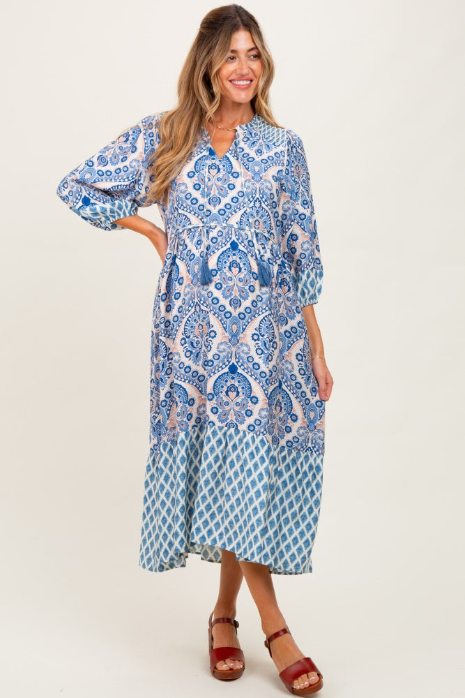 Blue Damask Tassel Front Tie 3/4 Sleeve Maternity Midi Dress