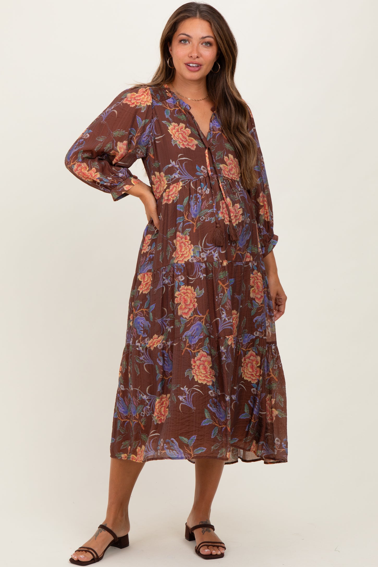 Brown Floral Front Tie Tiered Maternity Midi Dress