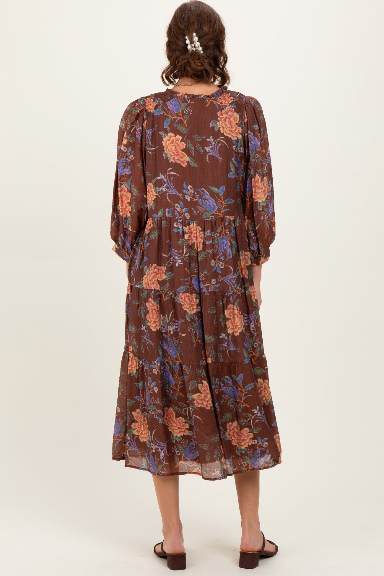 Brown Floral Front Tie Tiered Midi Dress