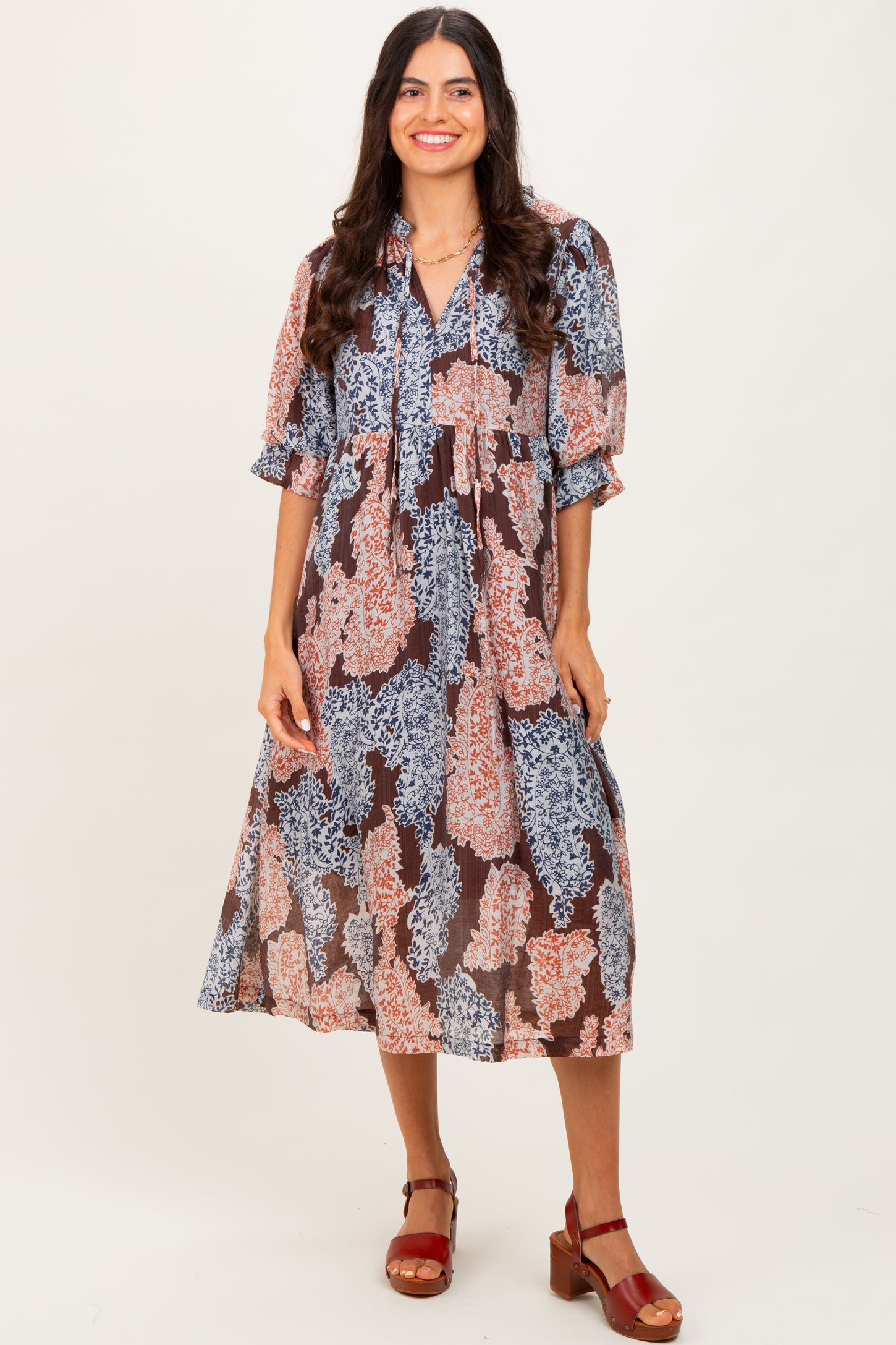 Brown Floral Chiffon Front Tie Maternity Midi Dress