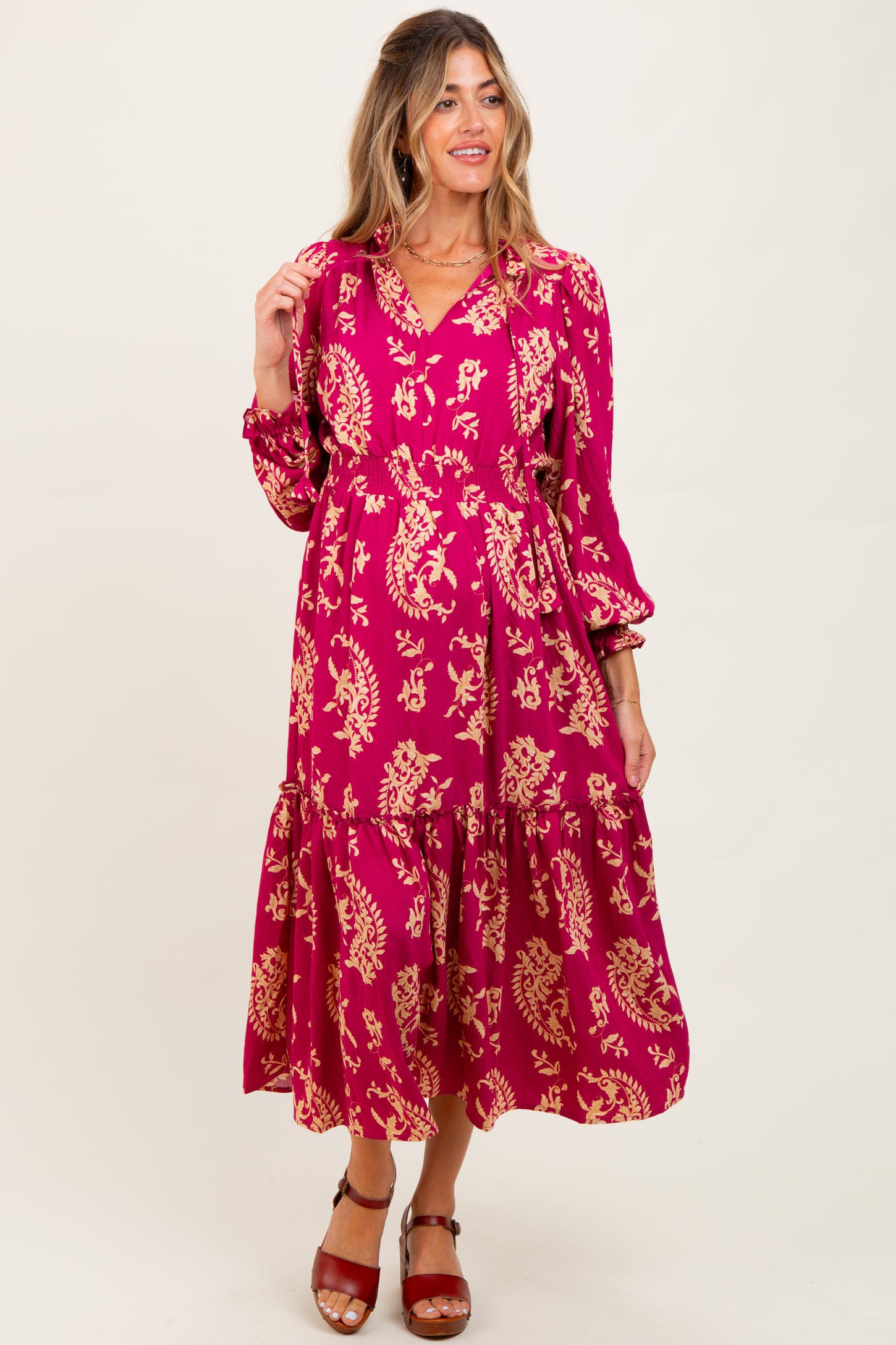 Magenta Damask Front Tie Smocked Waist Maternity Midi Dress