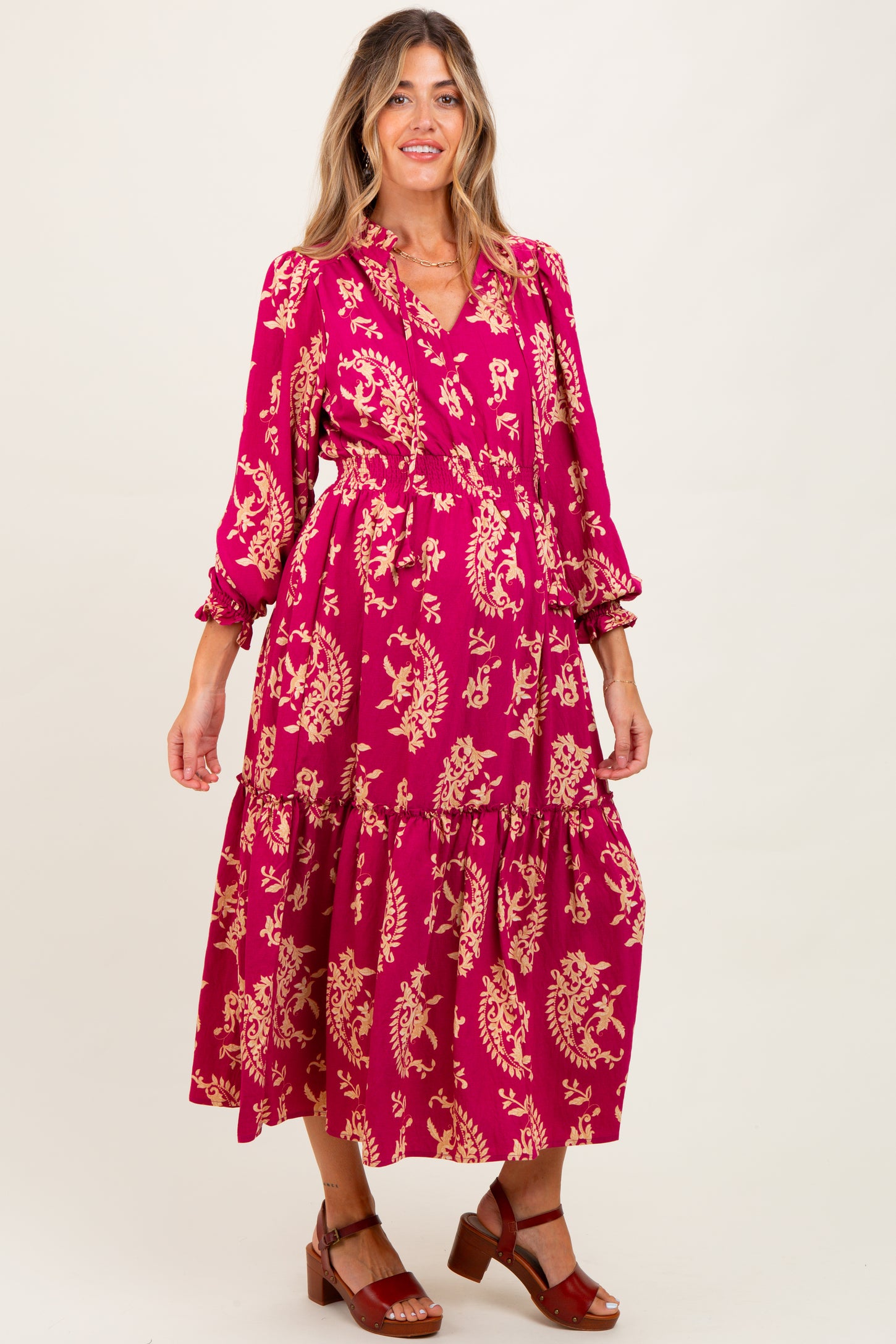 Magenta Damask Front Tie Smocked Waist Maternity Midi Dress