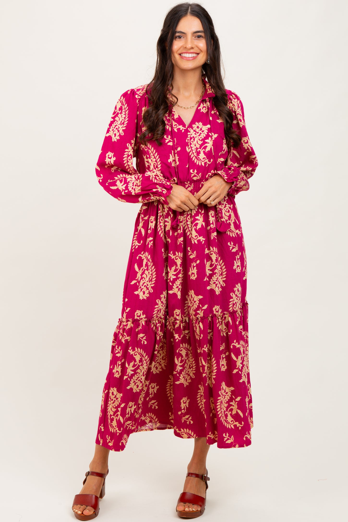 Magenta Damask Front Tie Smocked Waist Midi Dress