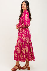 Magenta Damask Front Tie Smocked Waist Midi Dress