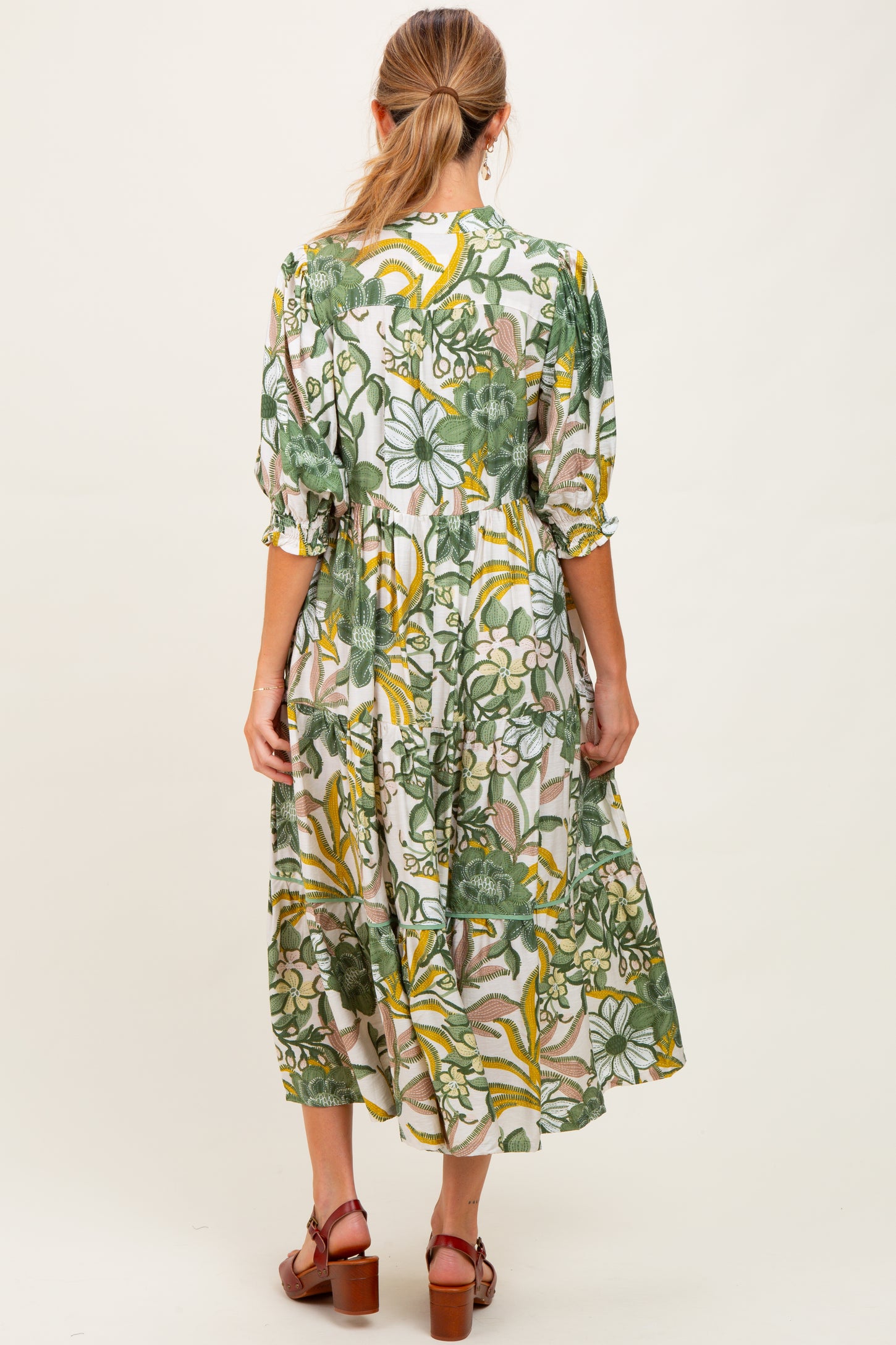 Green Floral Tiered Short Sleeve Maternity Midi Dress