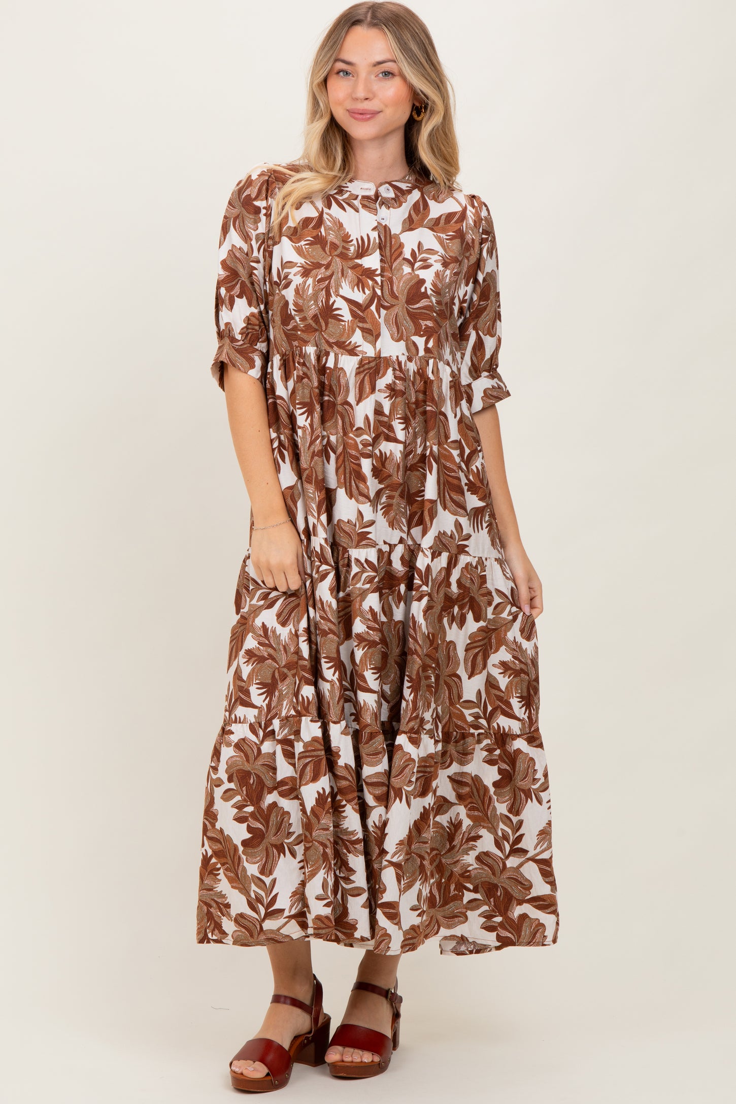 Brown Leaf Print Tiered Midi Dress