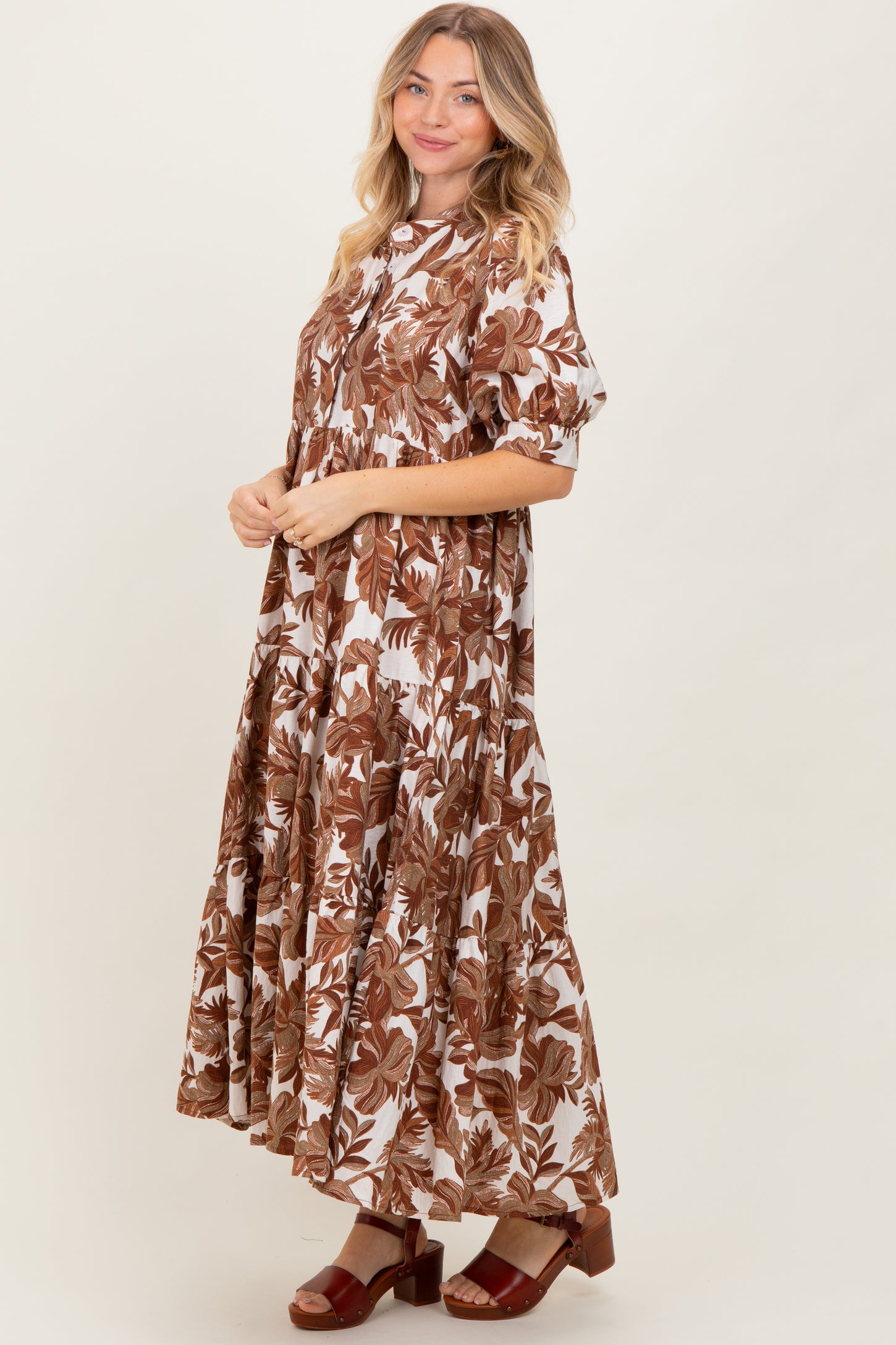 Brown Leaf Print Tiered Midi Dress