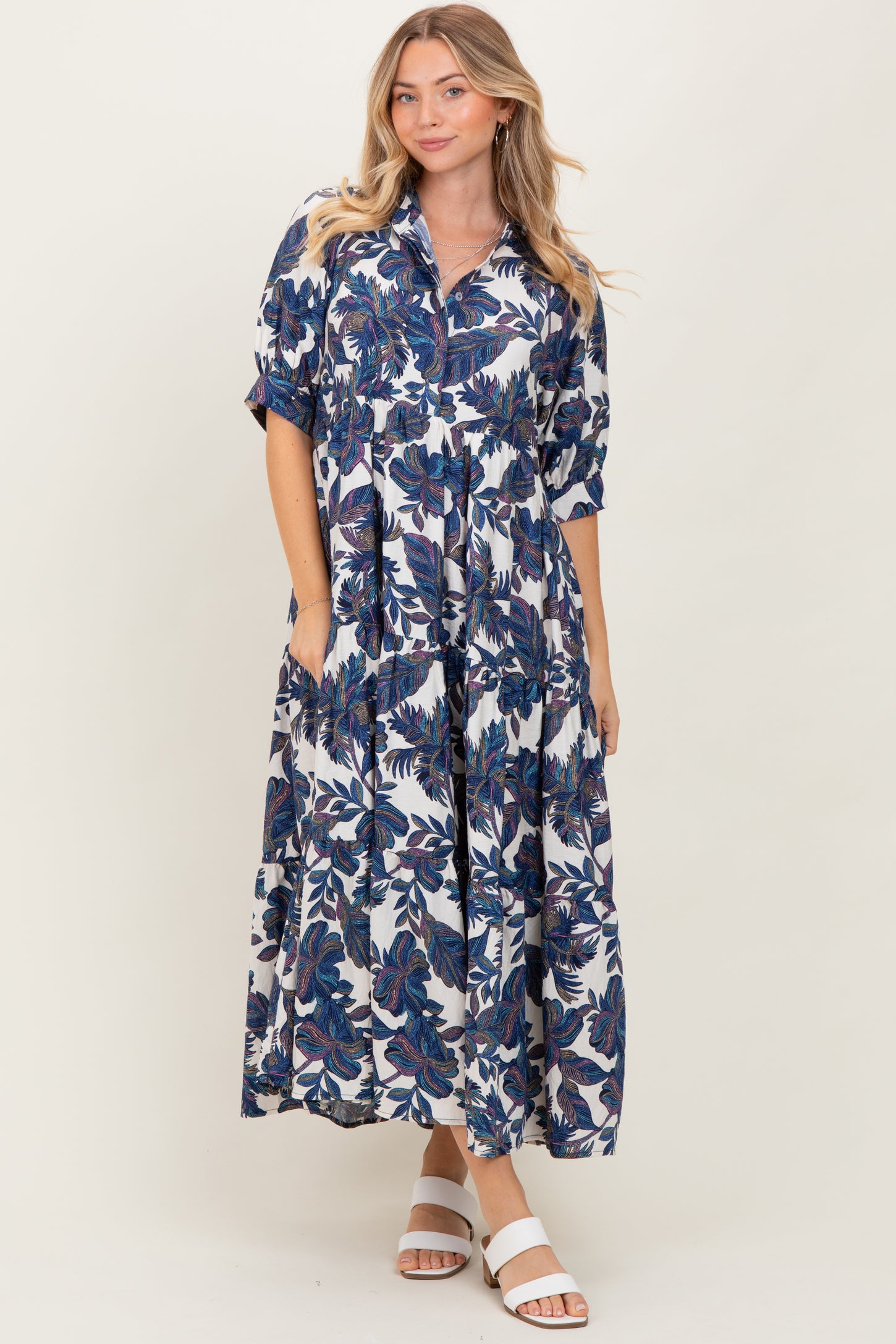 Navy Leaf Print Tiered Midi Dress