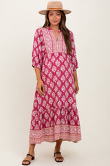 Pink Floral Contrast Print 3/4 Sleeve Maternity Midi Dress