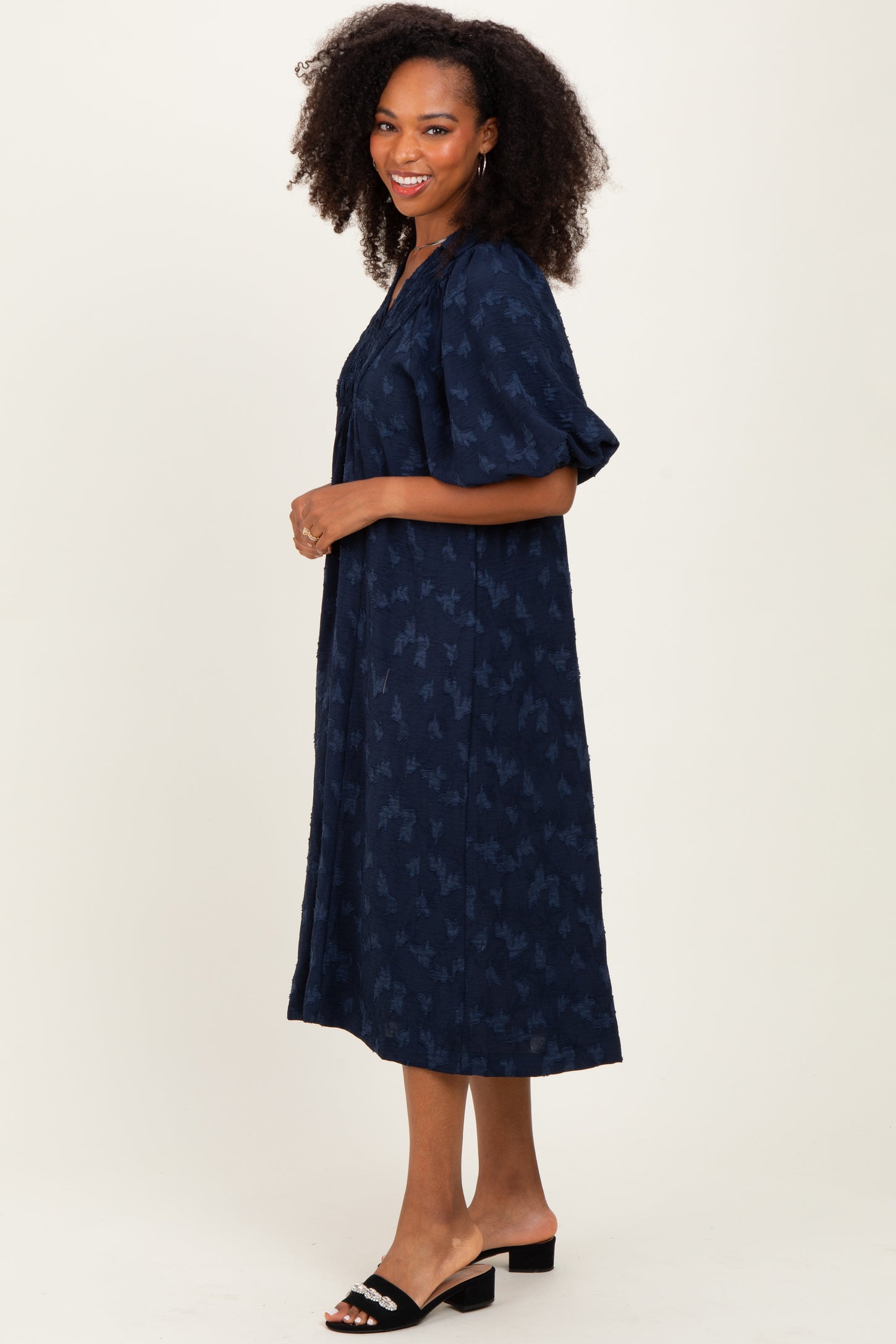 Navy Jacquard Texture V-Neck Midi Dress