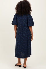 Navy Jacquard Texture V-Neck Midi Dress