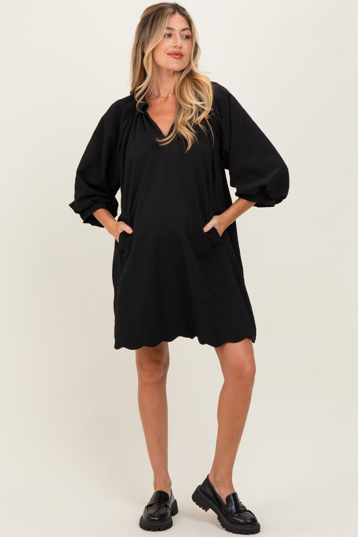 Black Textured Collared 3/4 Puff Sleeve Maternity Dress