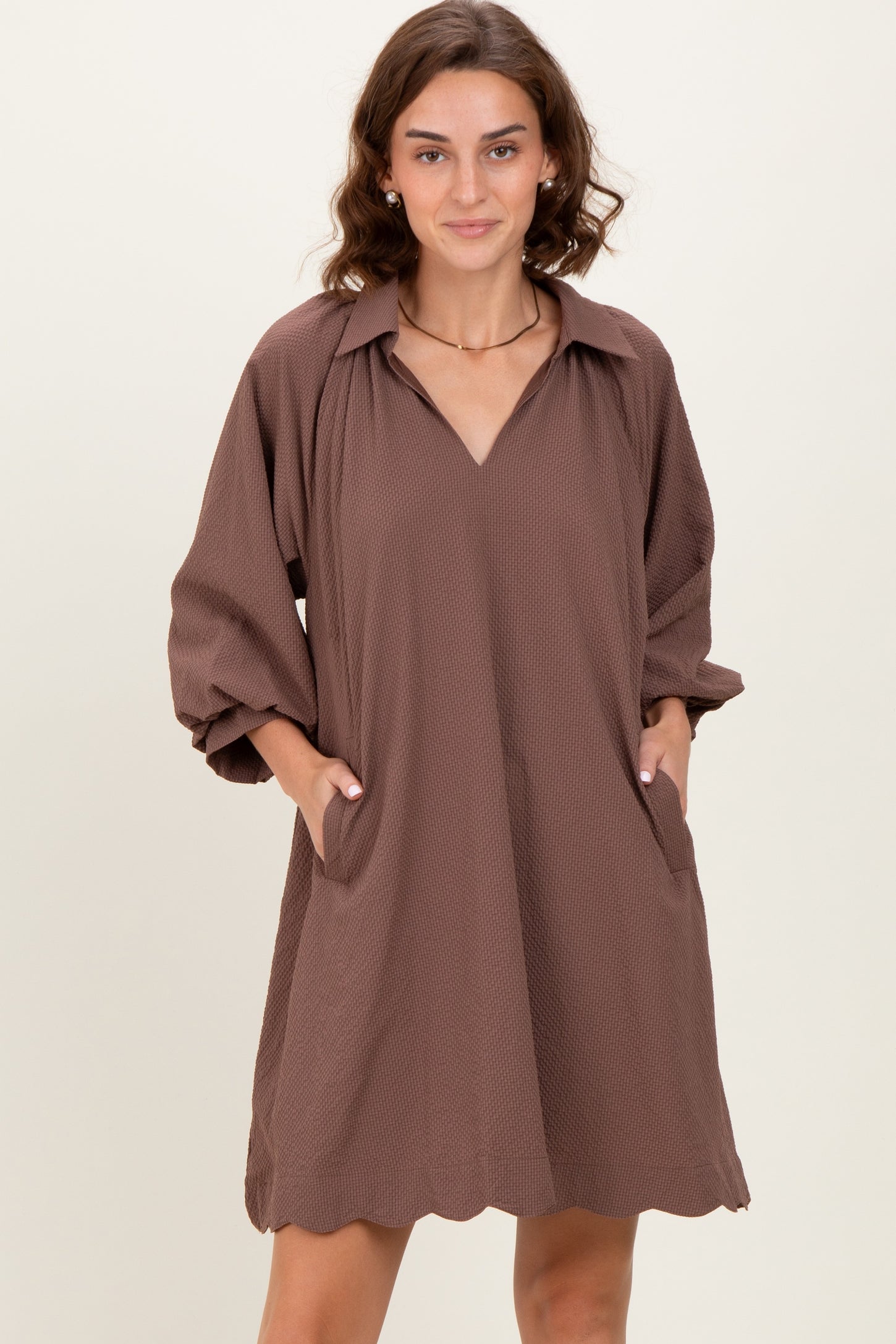 Brown Textured Collared 3/4 Puff Sleeve Dress