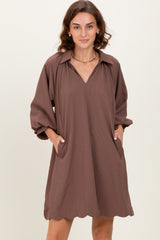Brown Textured Collared 3/4 Puff Sleeve Dress