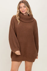 Light Brown Turtleneck Puff Sleeve Maternity Sweater Dress