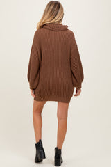 Light Brown Turtleneck Puff Sleeve Maternity Sweater Dress