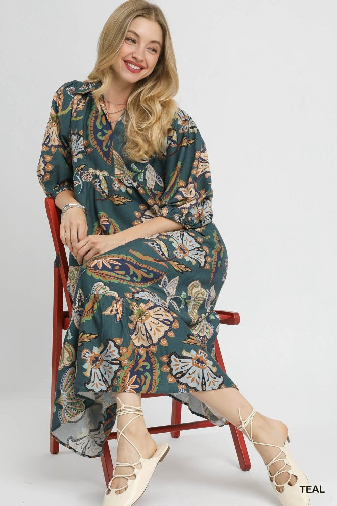 Teal Floral Collared 3/4 Sleeve Maternity Midi Dress
