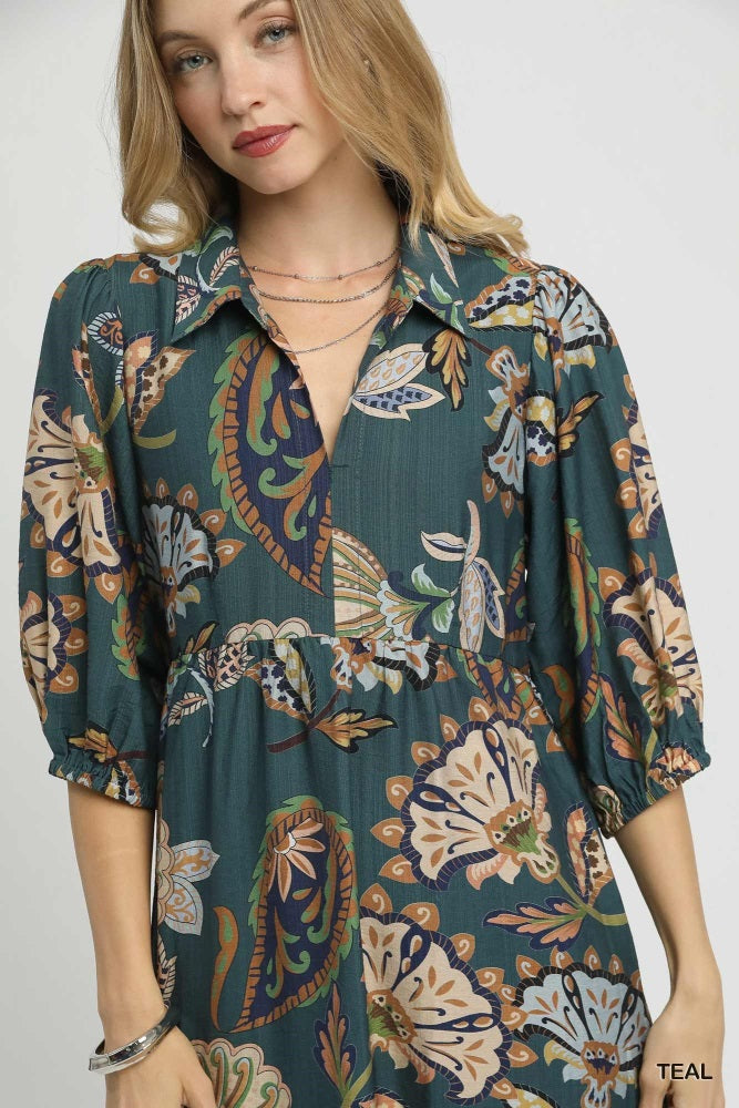 Teal Floral Collared 3/4 Sleeve Midi Dress