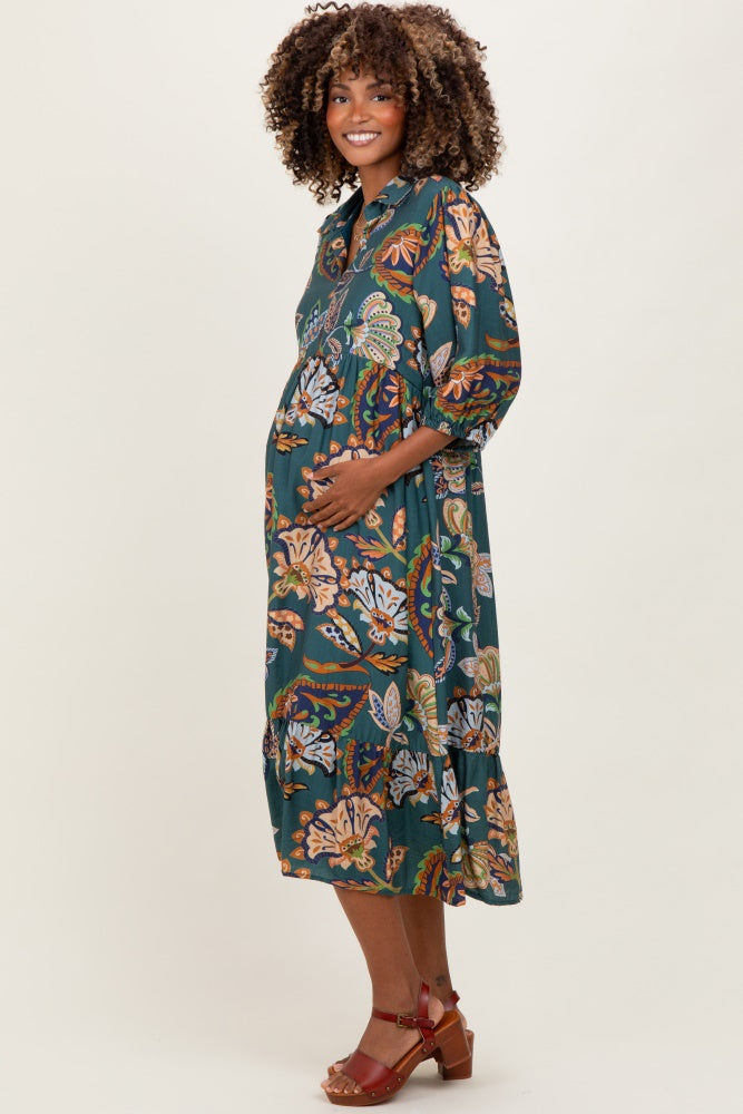Teal Floral Collared 3/4 Sleeve Maternity Midi Dress