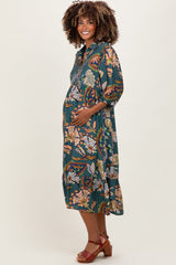 Teal Floral Collared 3/4 Sleeve Maternity Midi Dress