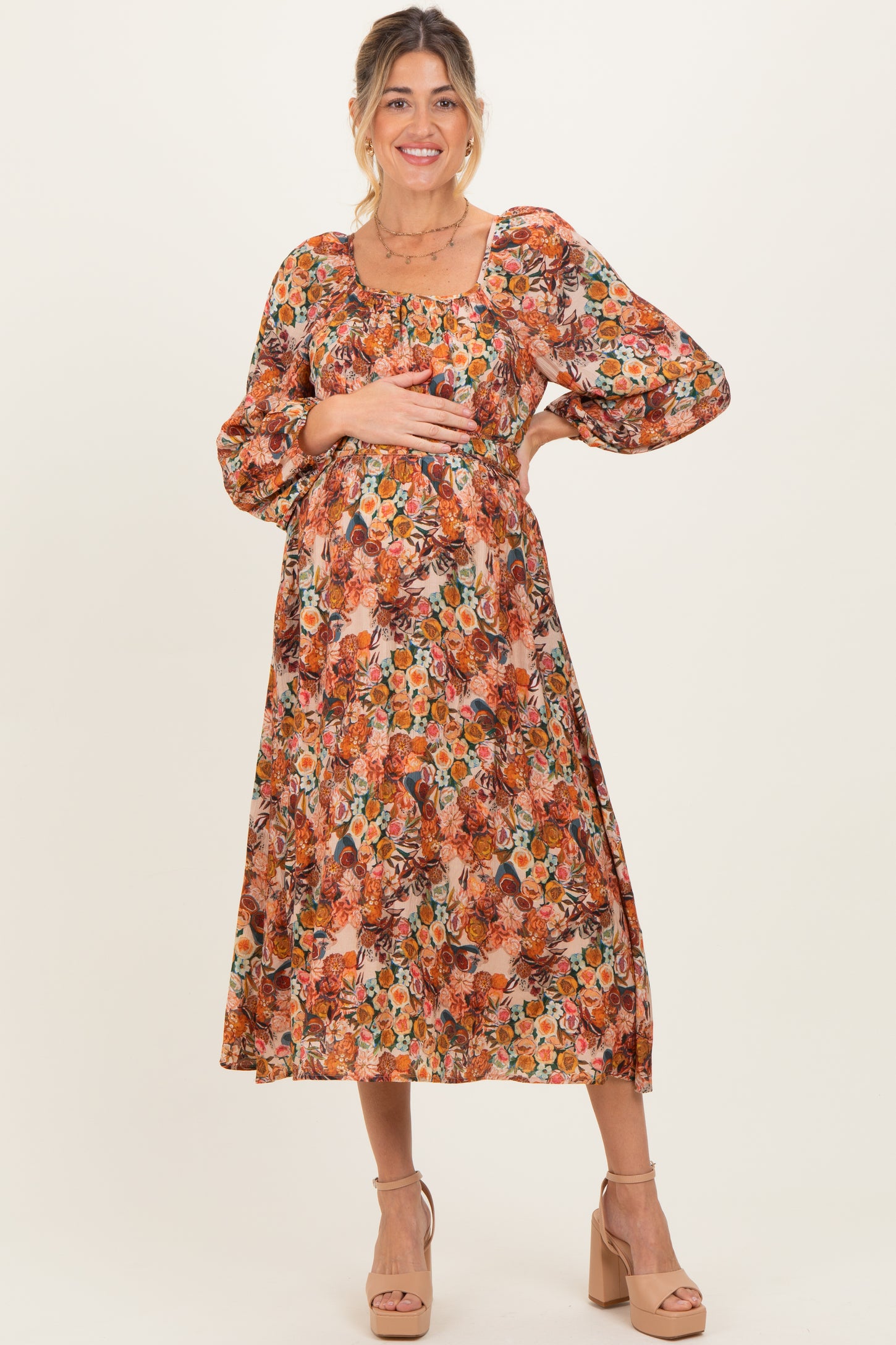 Cream Floral Fruit Smocked Waist Maternity Midi Dress