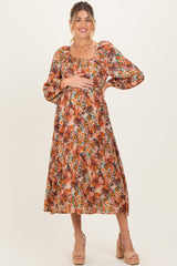 Cream Floral Fruit Smocked Waist Maternity Midi Dress