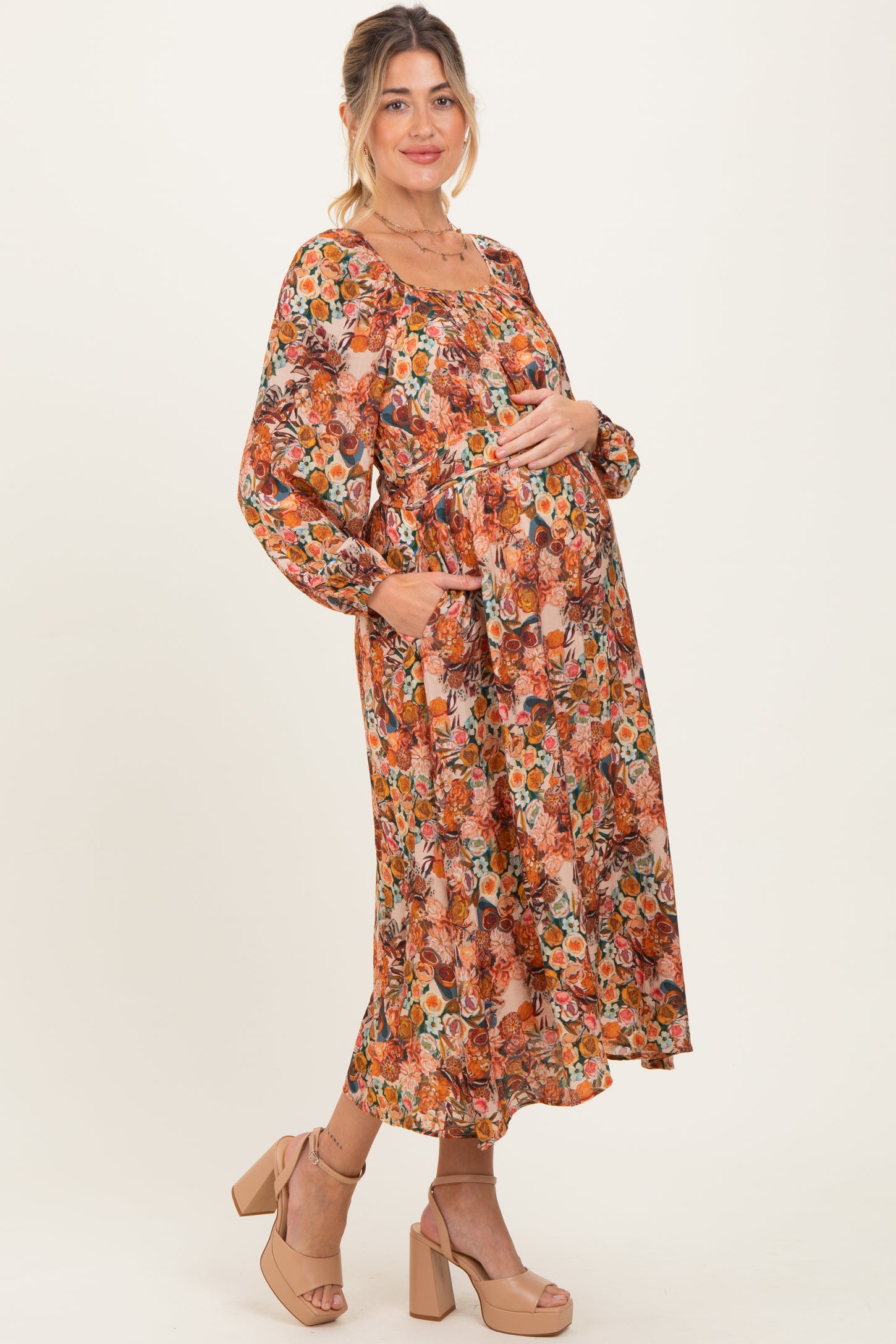 Cream Floral Fruit Smocked Waist Maternity Midi Dress