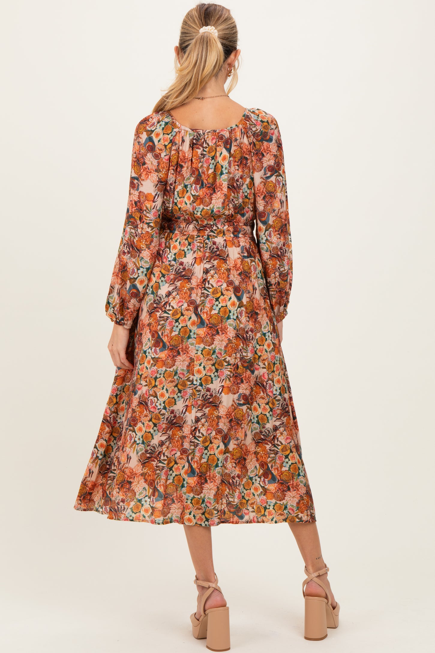 Cream Floral Fruit Smocked Waist Maternity Midi Dress