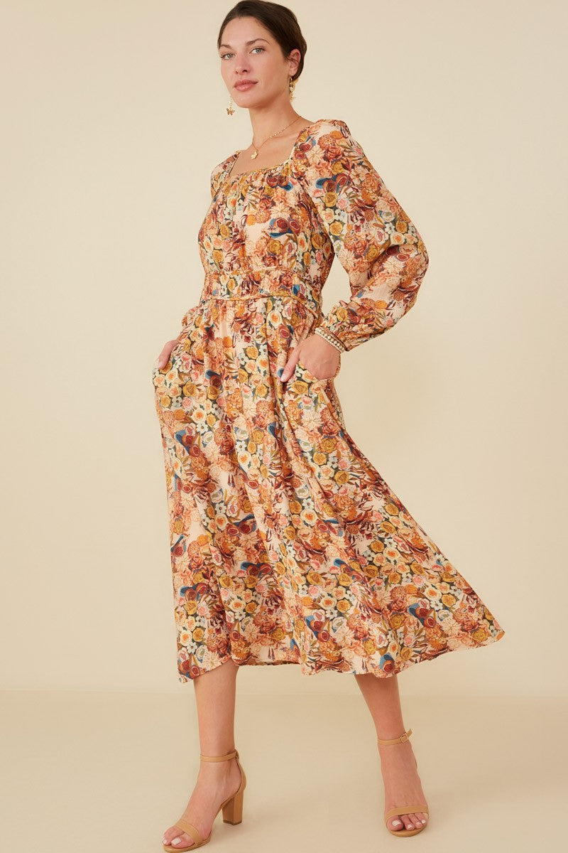Cream Floral Fruit Smocked Waist Midi Dress