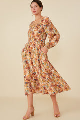 Cream Floral Fruit Smocked Waist Midi Dress