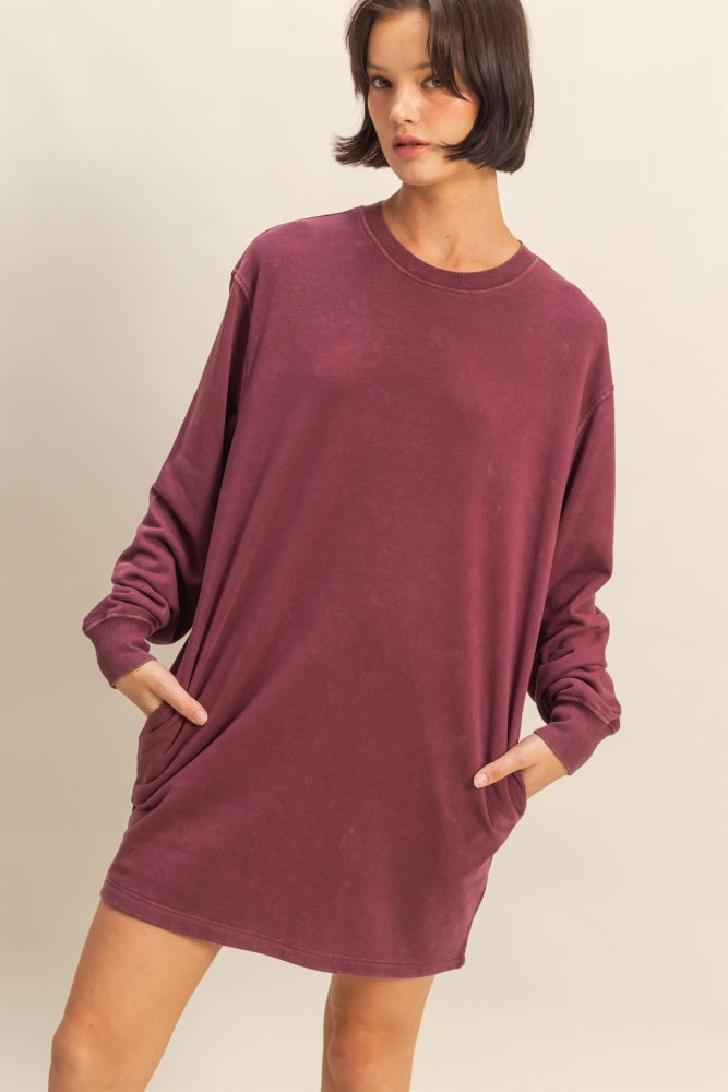 Burgundy Mineral Wash Oversized Maternity Sweatshirt Mini Dress