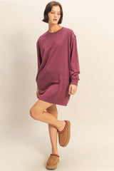 Burgundy Mineral Wash Oversized Sweatshirt Mini Dress