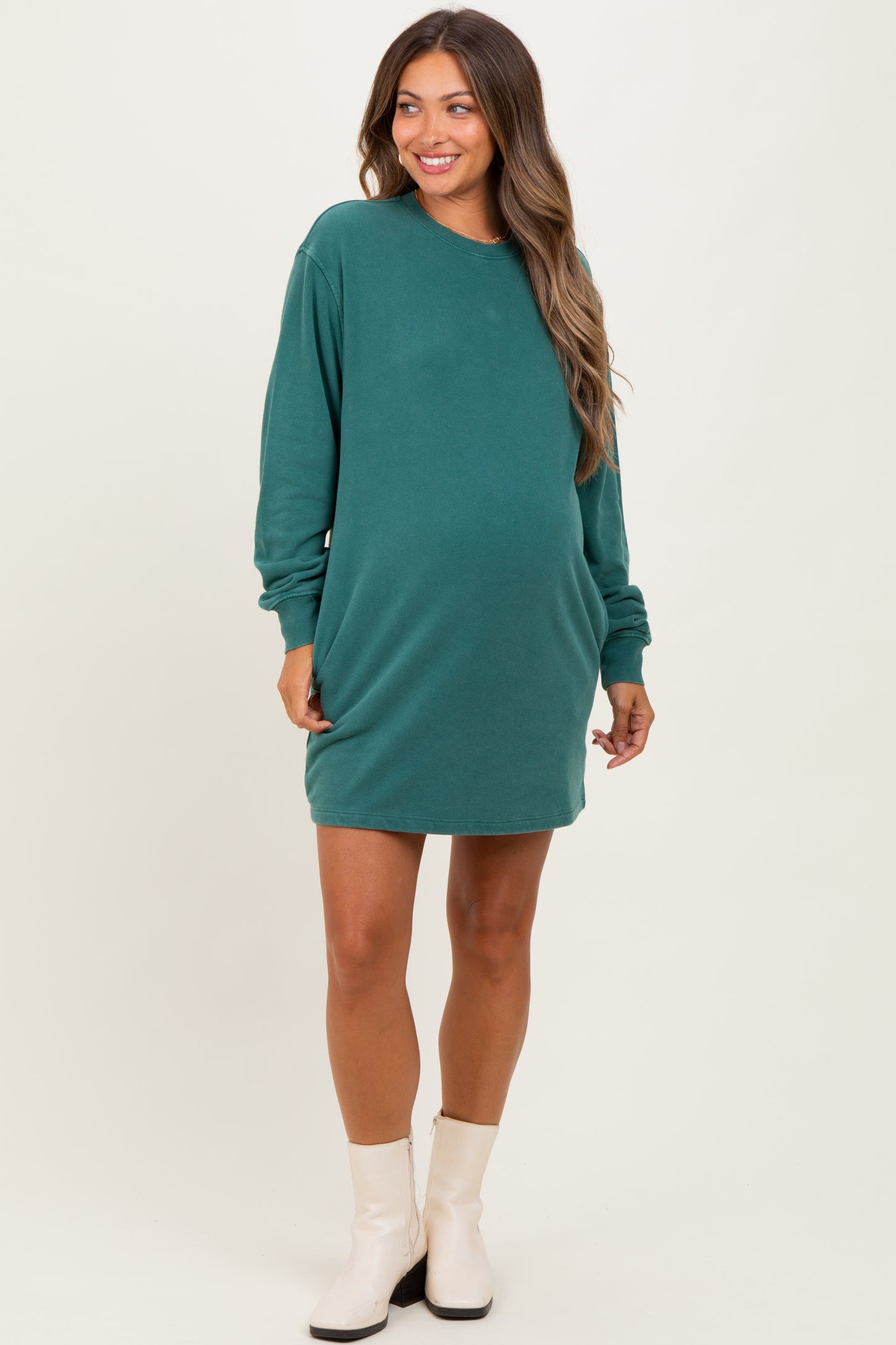 Forest Green Mint Mineral Wash Oversized Maternity Sweatshirt Mini Dress