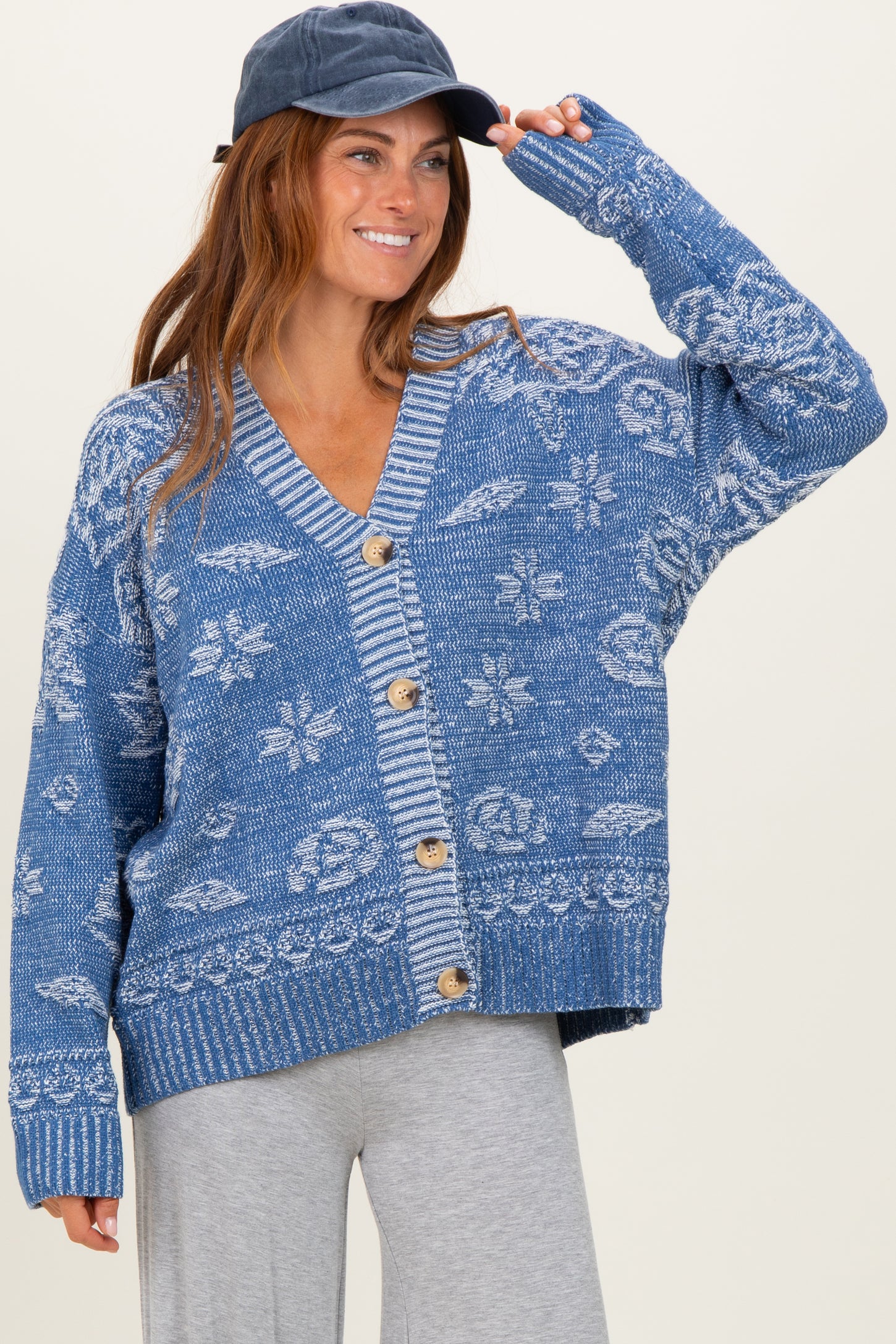 Blue Floral Knit Button Cardigan
