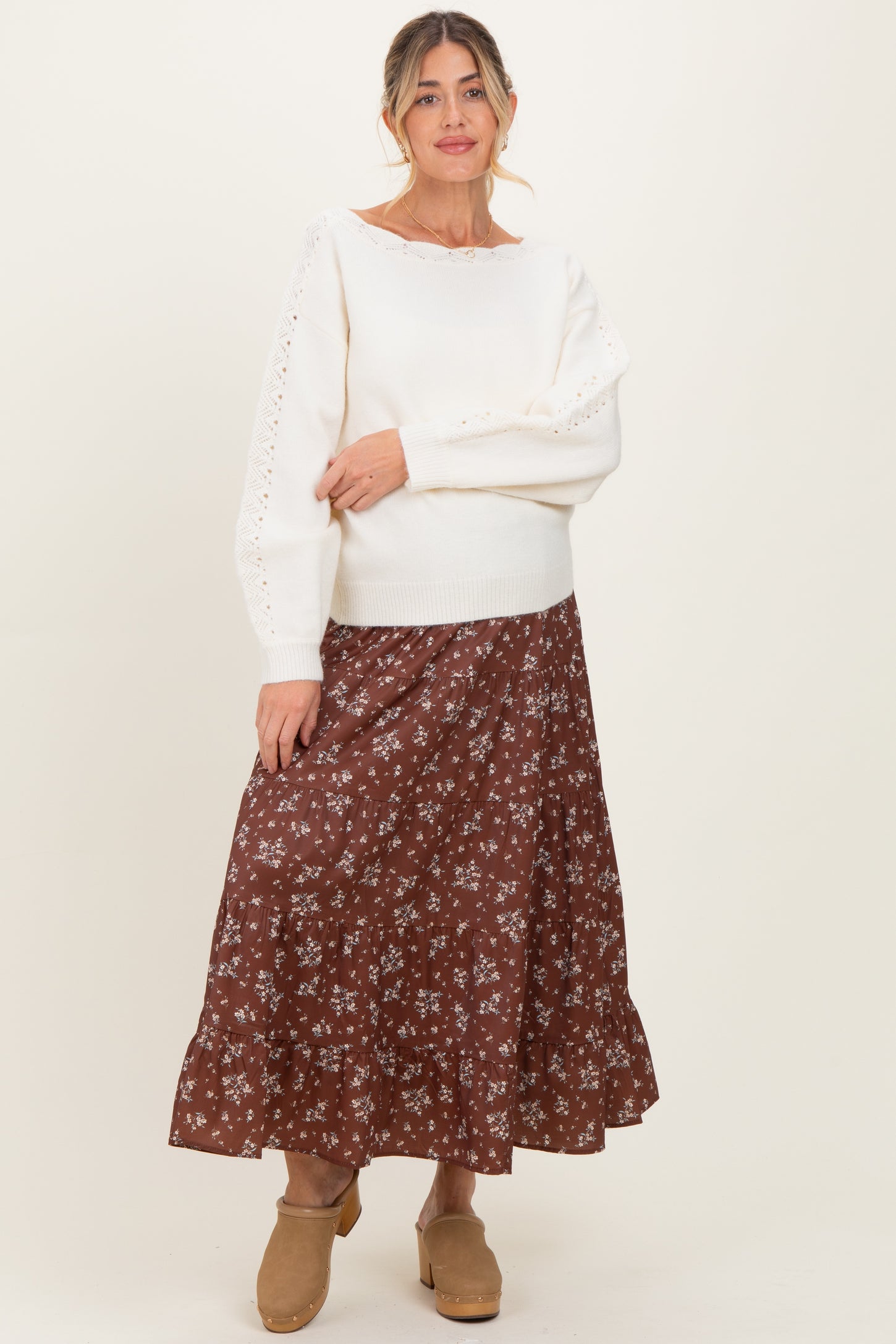 Cream Boat Neck Pointelle Detail Maternity Sweater