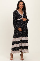 Black Floral Eyelet Lace Tiered Hem Maternity Maxi Dress