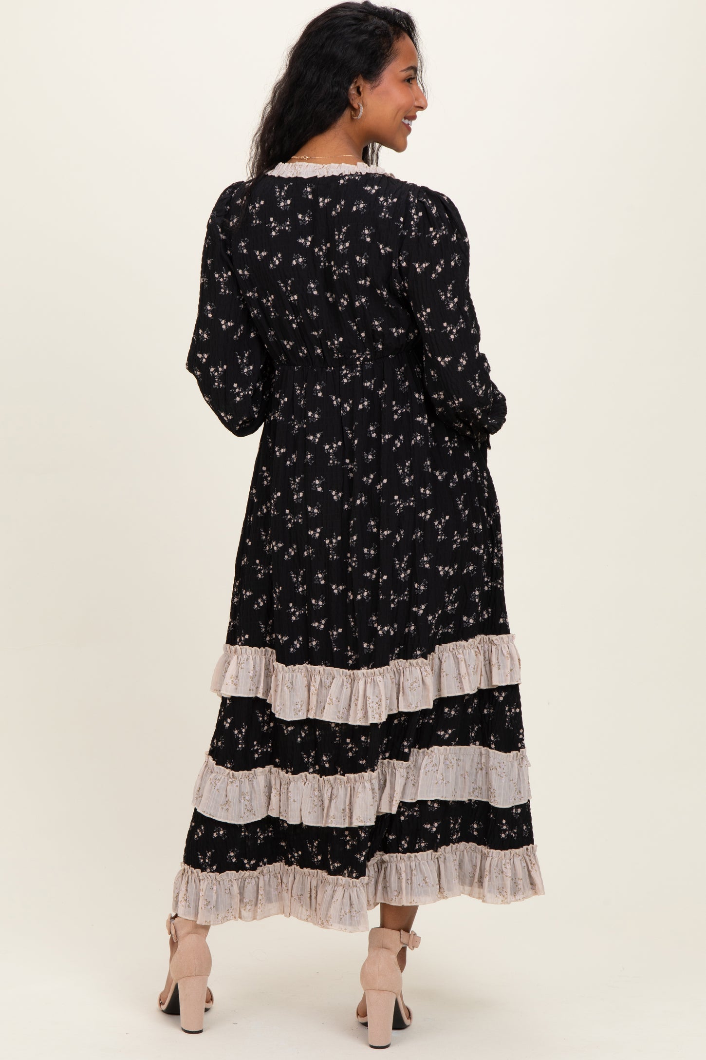 Black Floral Eyelet Lace Tiered Hem Maternity Maxi Dress
