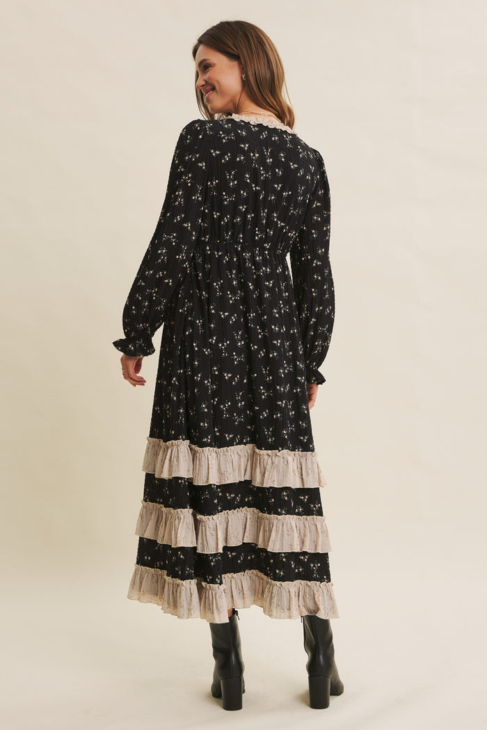 Black Floral Eyelet Lace Tiered Hem Maxi Dress