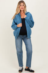 Blue Relaxed Fit Fleece Maternity Zip Hoodie